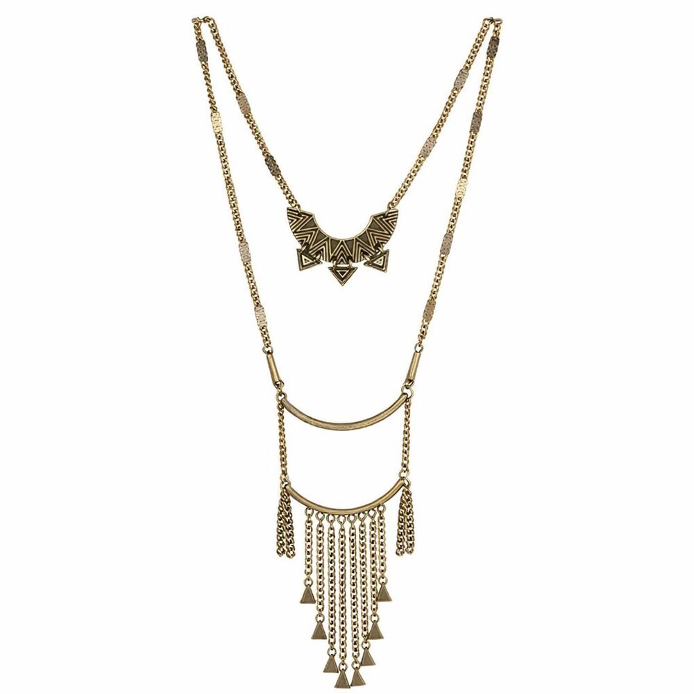 Bronze Tone Metal Cascading Layered Pendant Necklace 30" - 32" Geometric Tribal